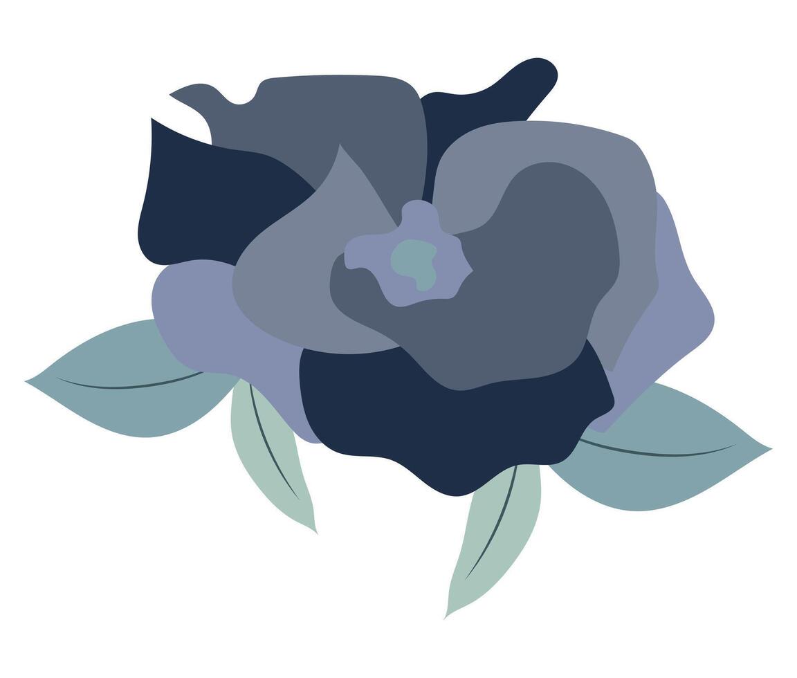 Abstract blue rose head in flat design. Peony blossom with leaves closeup. illustration isolated. vector