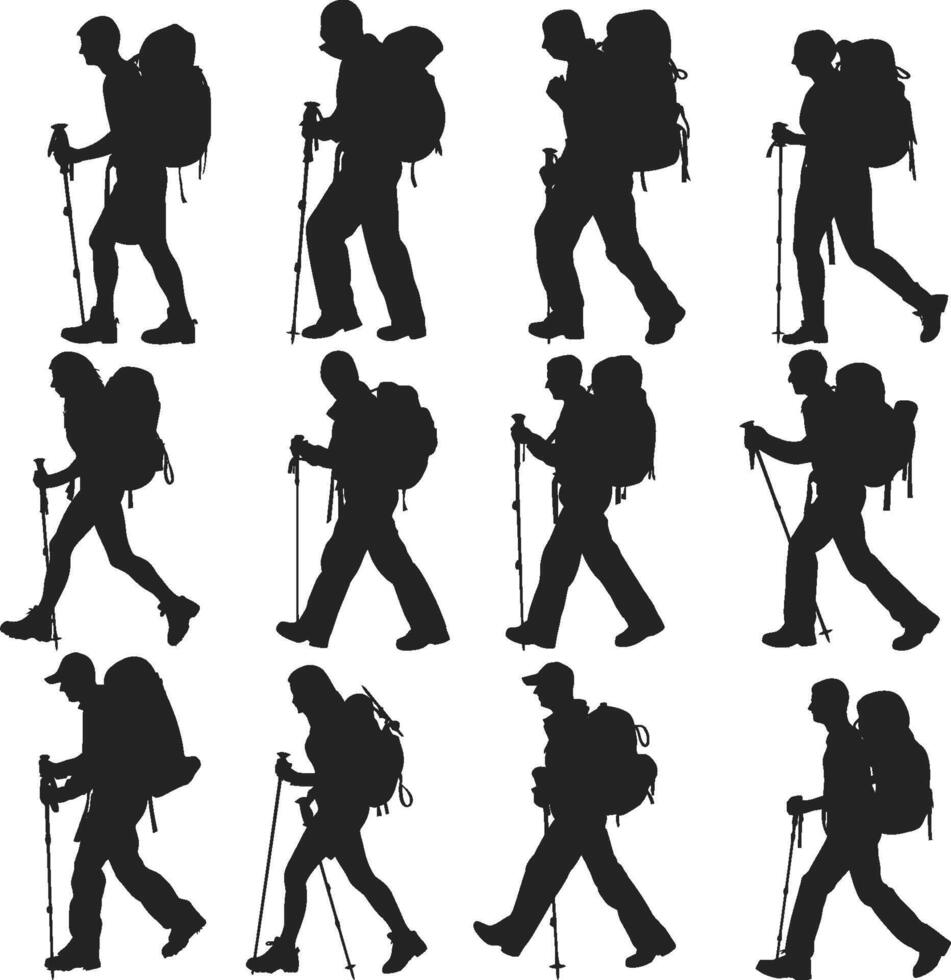 A set of hiking silhouette people hiking vector