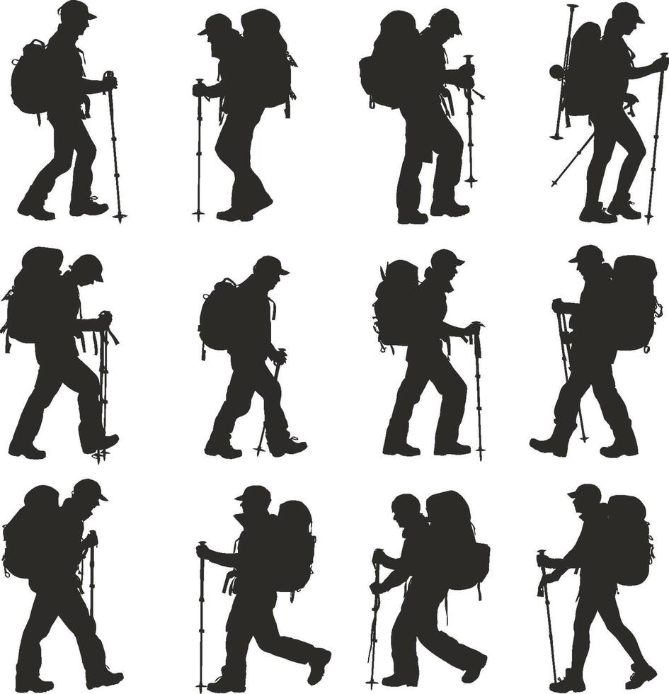 A set of hiking silhouette people hiking vector