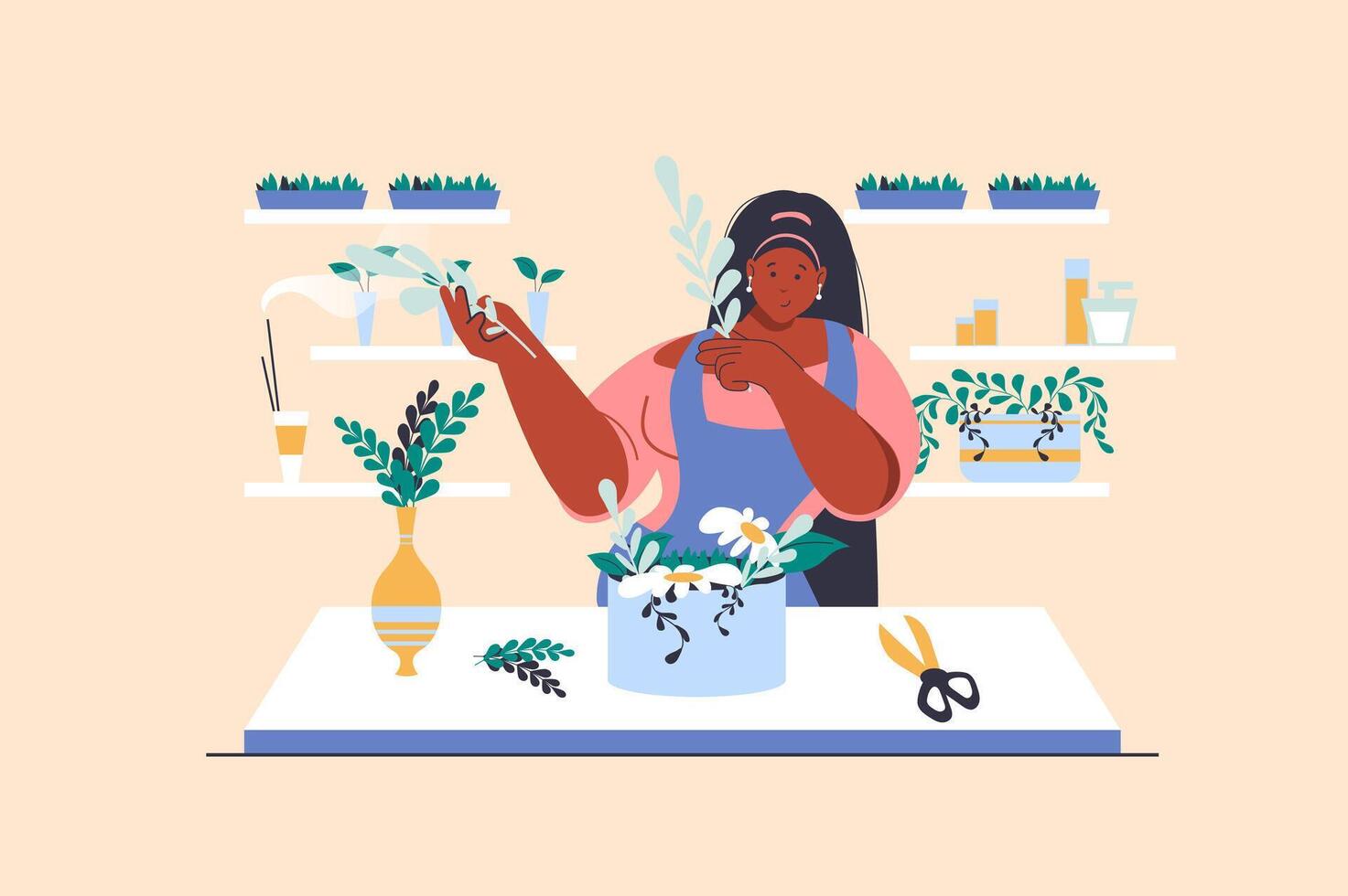 floristería concepto con personas escena en plano diseño. mujer trabajos como florista en flor comercio, crea florecer ramos de flores y vende plantas en ollas. ilustración con personaje situación para web vector