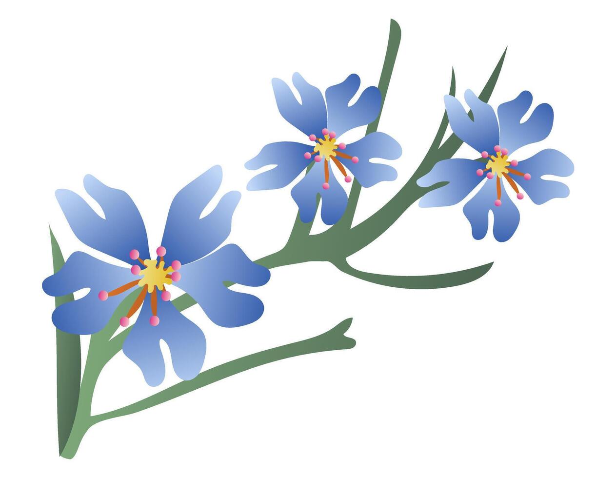 Blue flowers on branch in flat design. Springtime blossom twig bouquet. illustration isolated. vector