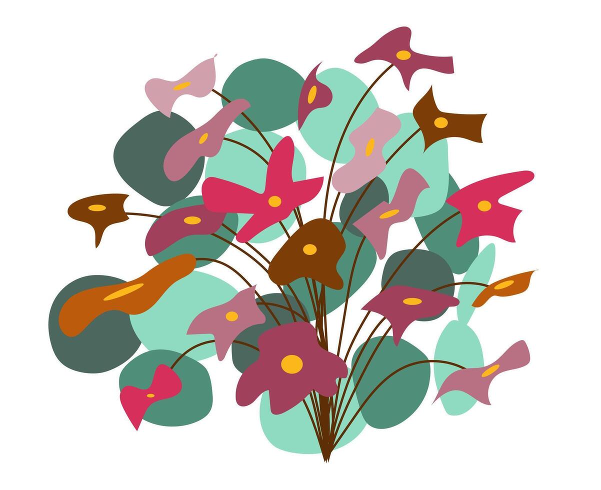 Abstract flower bouquet in flat design. Pink and red blooming blossoms. illustration isolated. vector