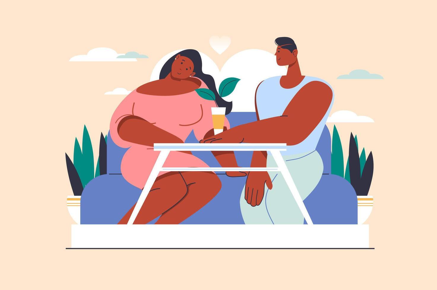 Pareja a cita concepto con personas escena en plano diseño. mujer y hombre en romántico fecha son sentado a mesa en cafetería, hablando y galanteo. ilustración con personaje situación para web vector