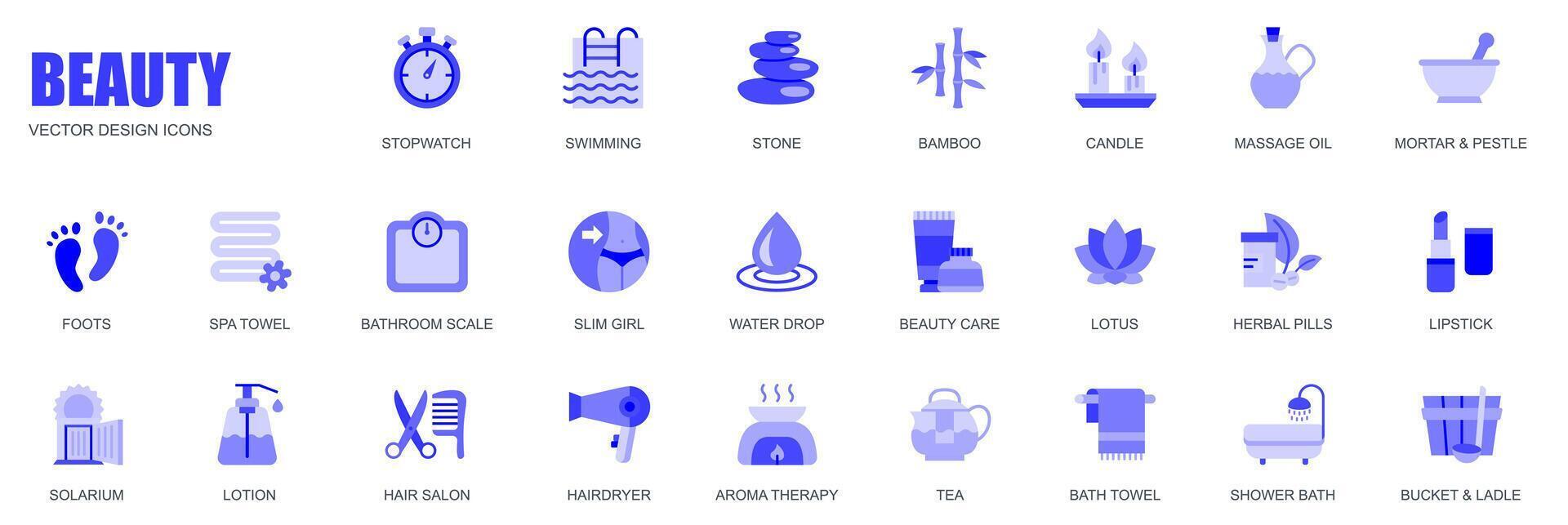 Beauty concept of web icons set in simple flat design. Pack of stopwatch, swimming, stone, bamboo, candle, massage oil, foots, spa, scale, slim girl and other. blue pictograms for mobile app vector