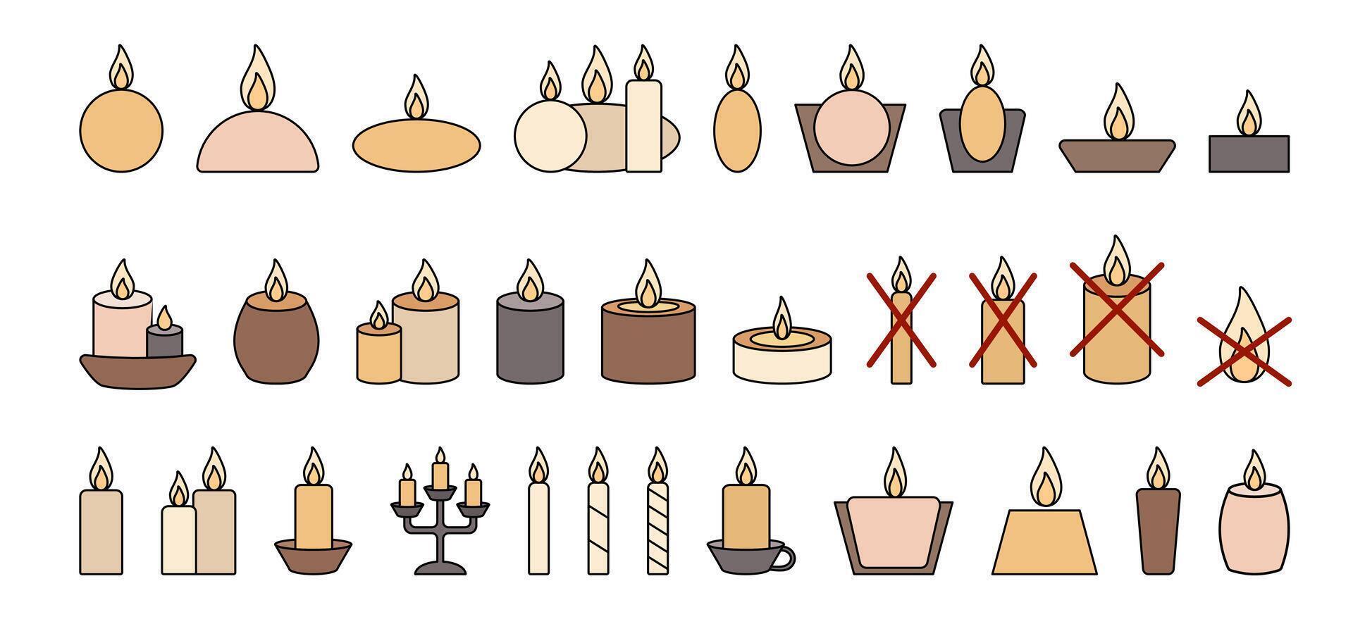 set candles color icons. Candles symbol rectangular, round, trapezoid. Crossed out candle. vector