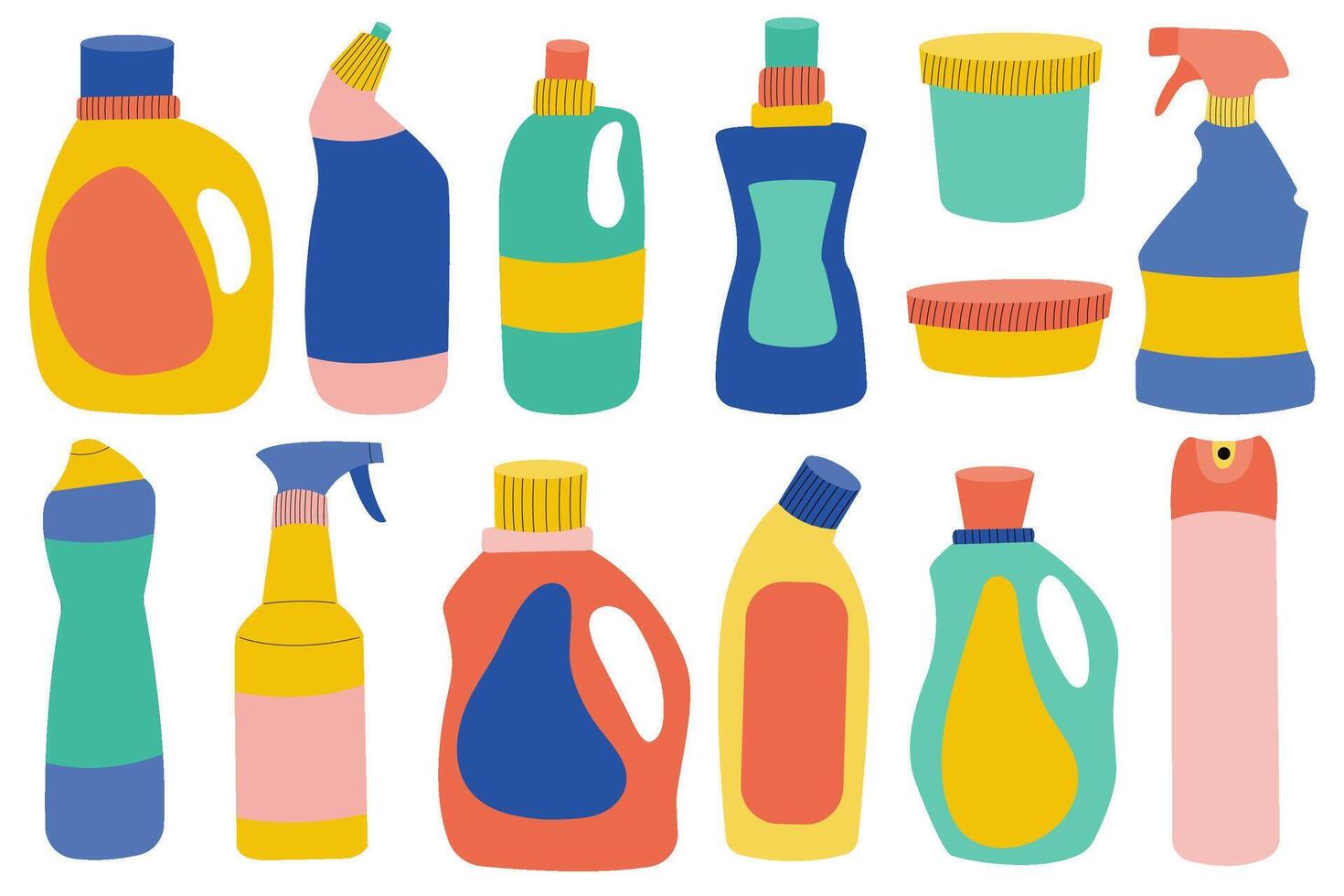 Set of colorful bottles cleaning agent. Chemical detergent for cleaning and disinfection. vector