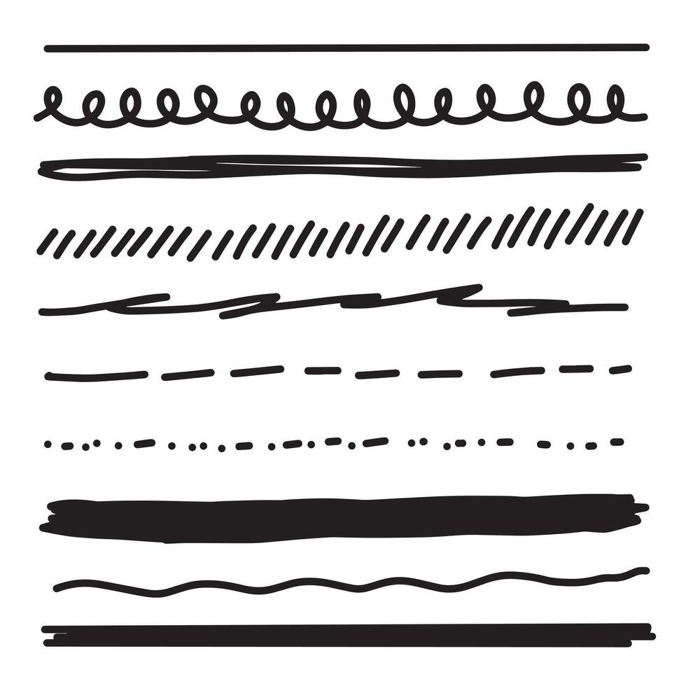 conjunto de líneas, mano dibujado divisores, garabatear subraya, diferente grosor cepillo rayas. Escribiendo líneas. vector