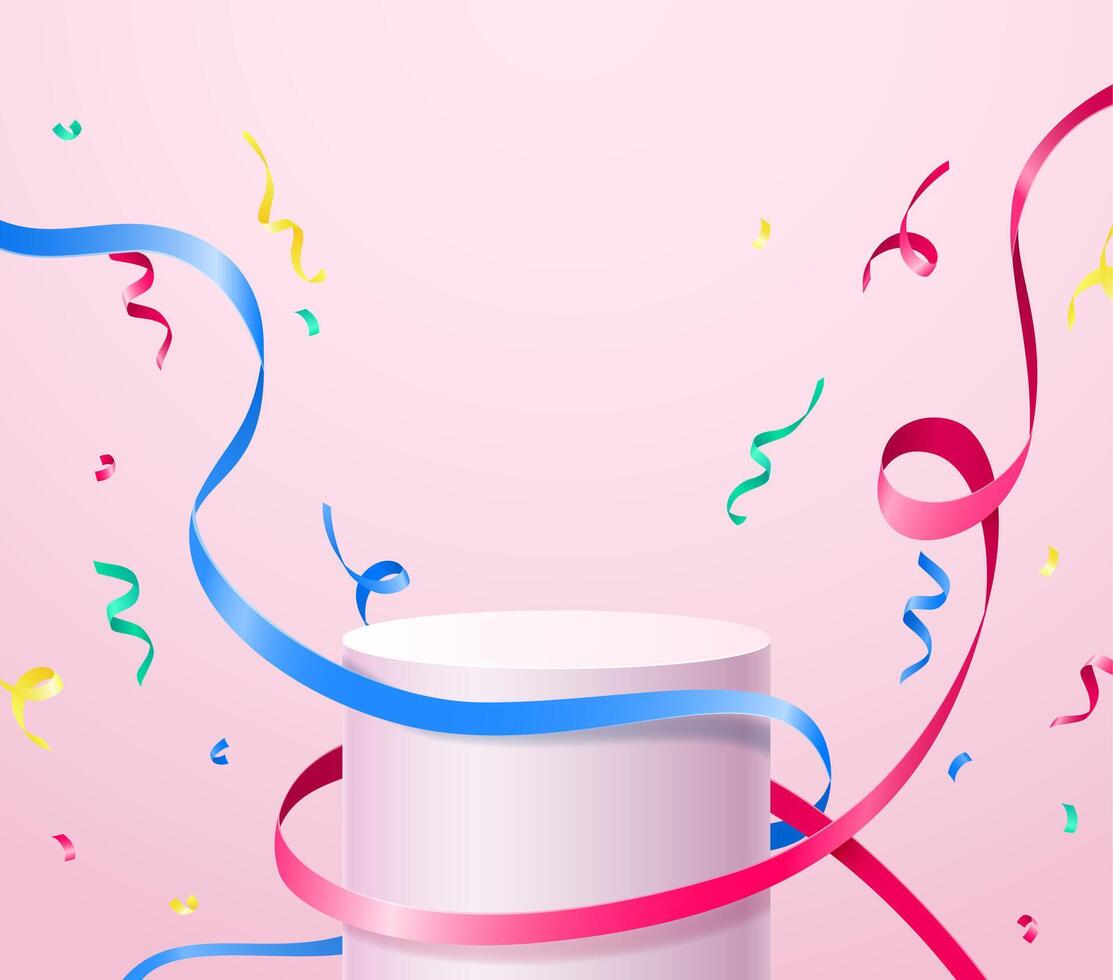 A podium with confetti ribbons for the presentation of your product on a light pink background. vector