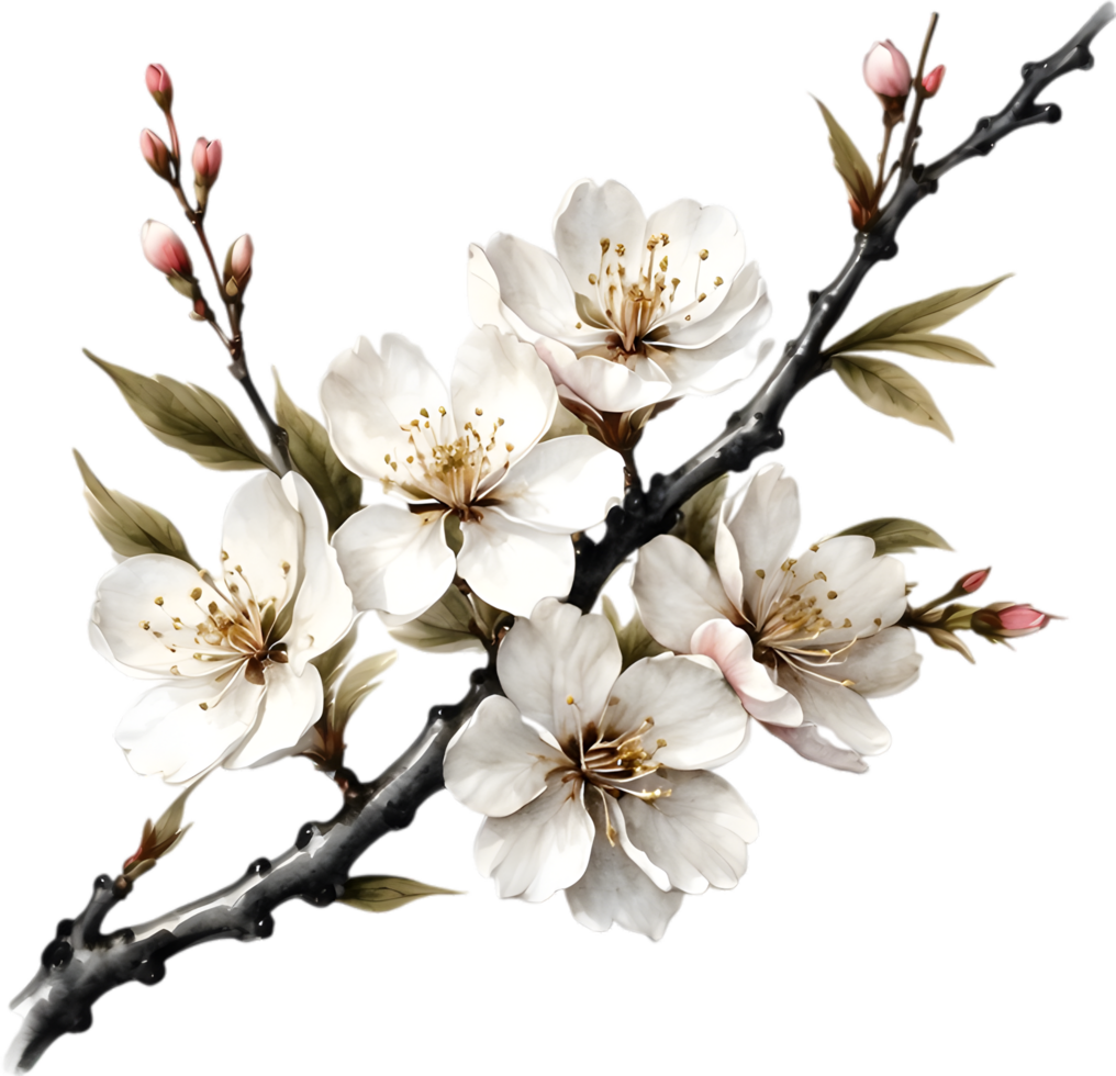 Cherry blossom branch with several soft, detailed flowers. AI-Generated. png