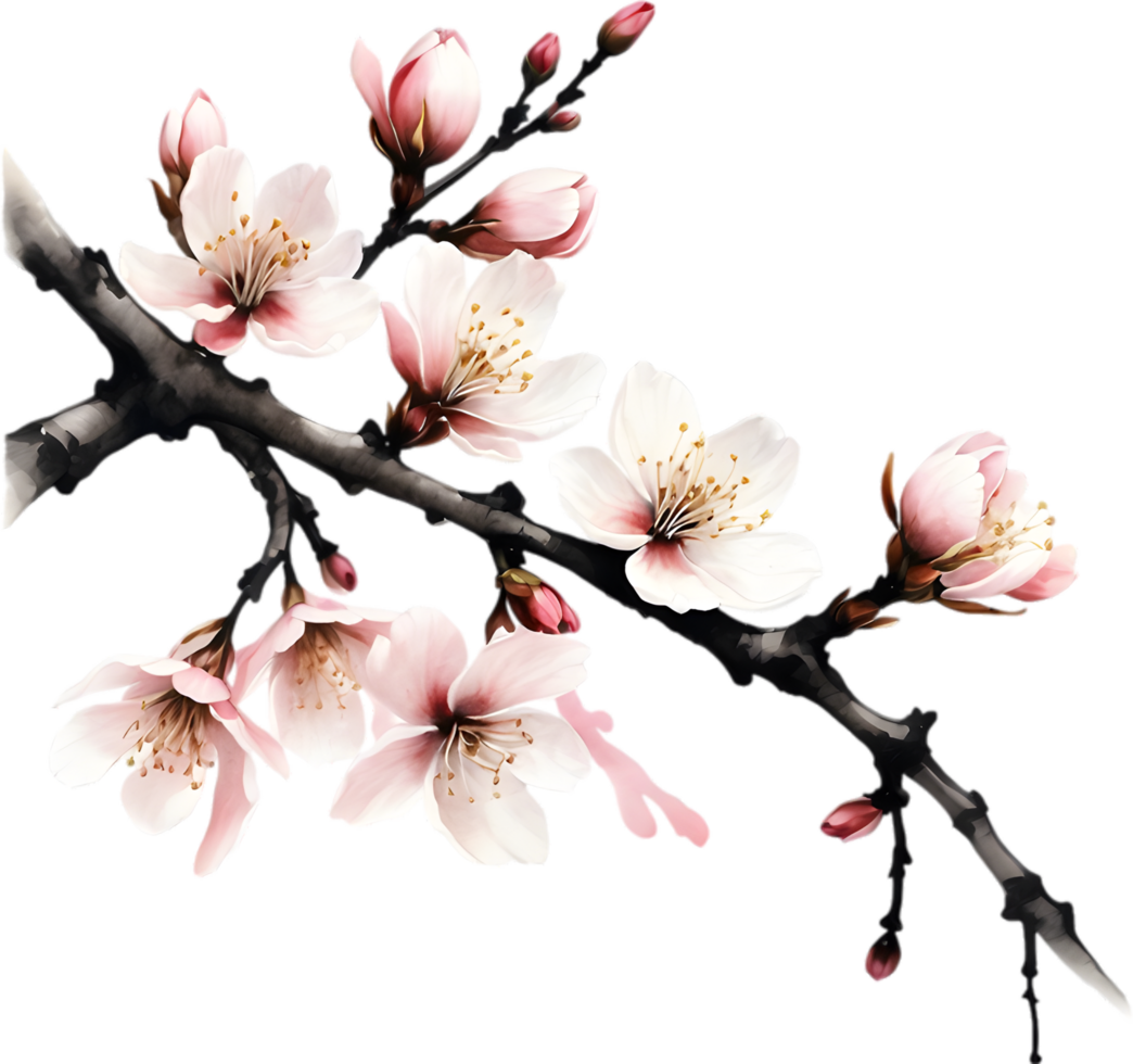 Cherry blossom branch with several soft, detailed flowers. AI-Generated. png
