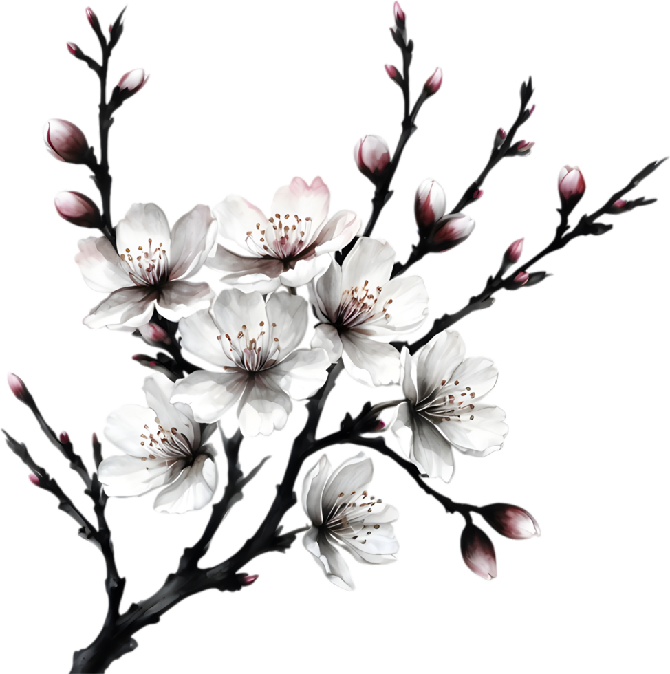 Cherry blossom branch with several soft, detailed flowers. AI-Generated. png