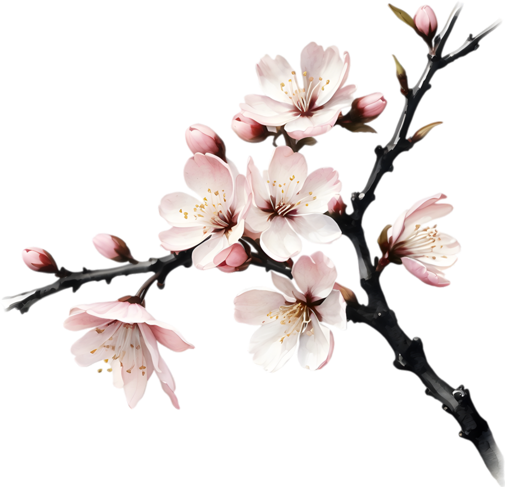 Cherry blossom branch with several soft, detailed flowers. AI-Generated. png