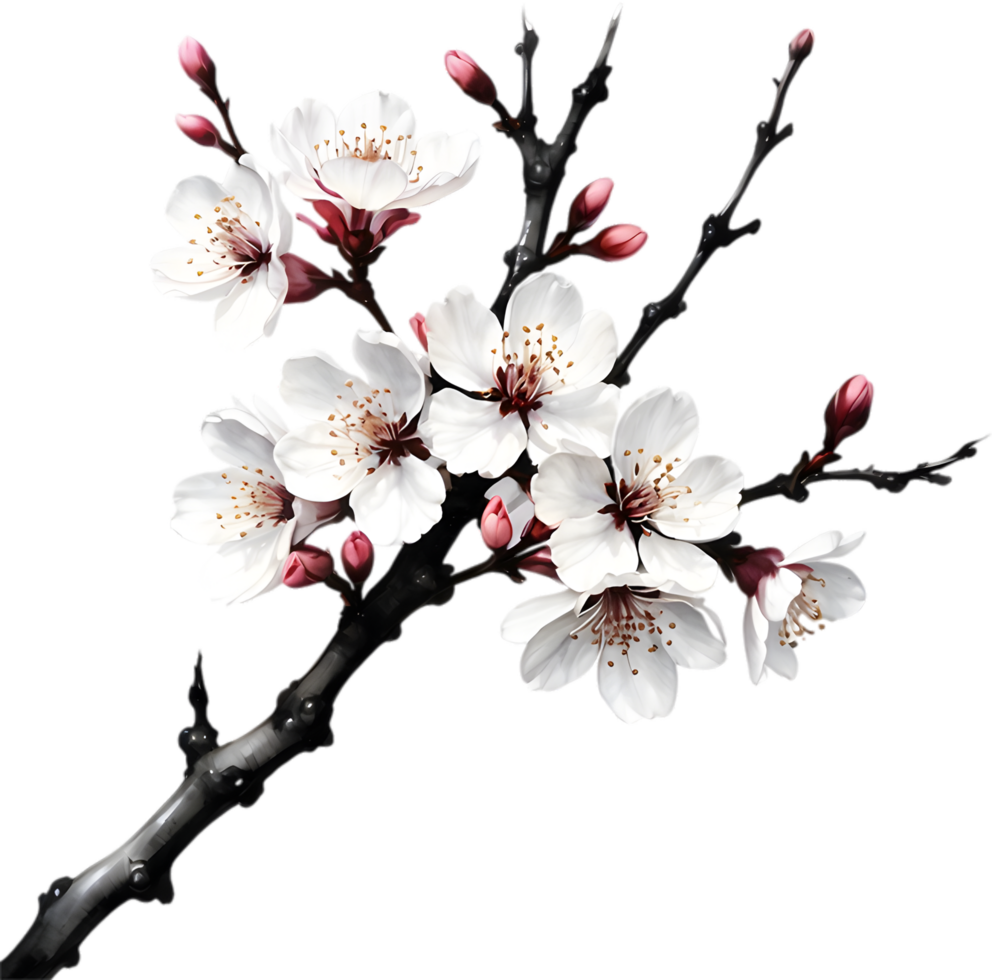 Cherry blossom branch with several soft, detailed flowers. AI-Generated. png