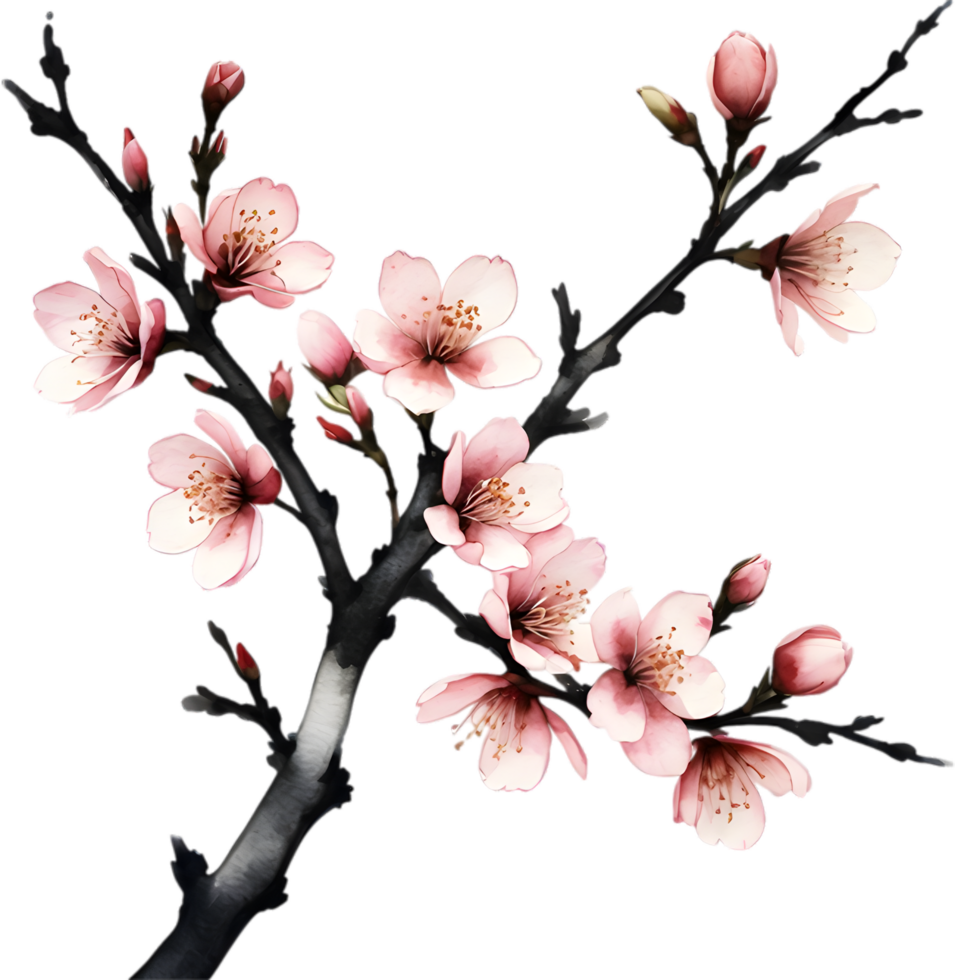 Cherry blossom branch with several soft, detailed flowers. AI-Generated. png