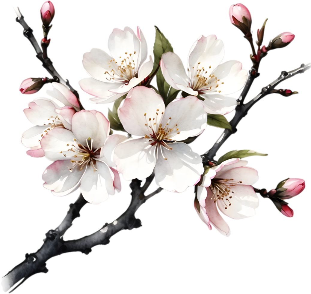 Cherry blossom branch with several soft, detailed flowers. AI-Generated. png