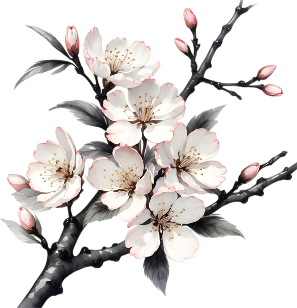 Cherry blossom branch with several soft, detailed flowers. AI-Generated. png