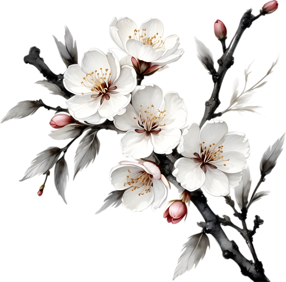 Cherry blossom branch with several soft, detailed flowers. AI-Generated. png