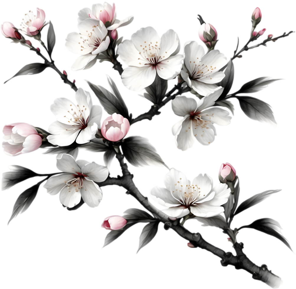 Cherry blossom branch with several soft, detailed flowers. AI-Generated. png