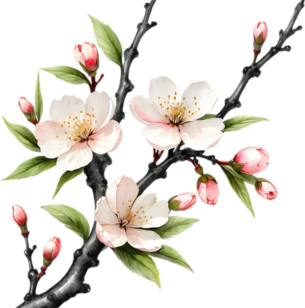 Cherry blossom branch with several soft, detailed flowers. AI-Generated. png