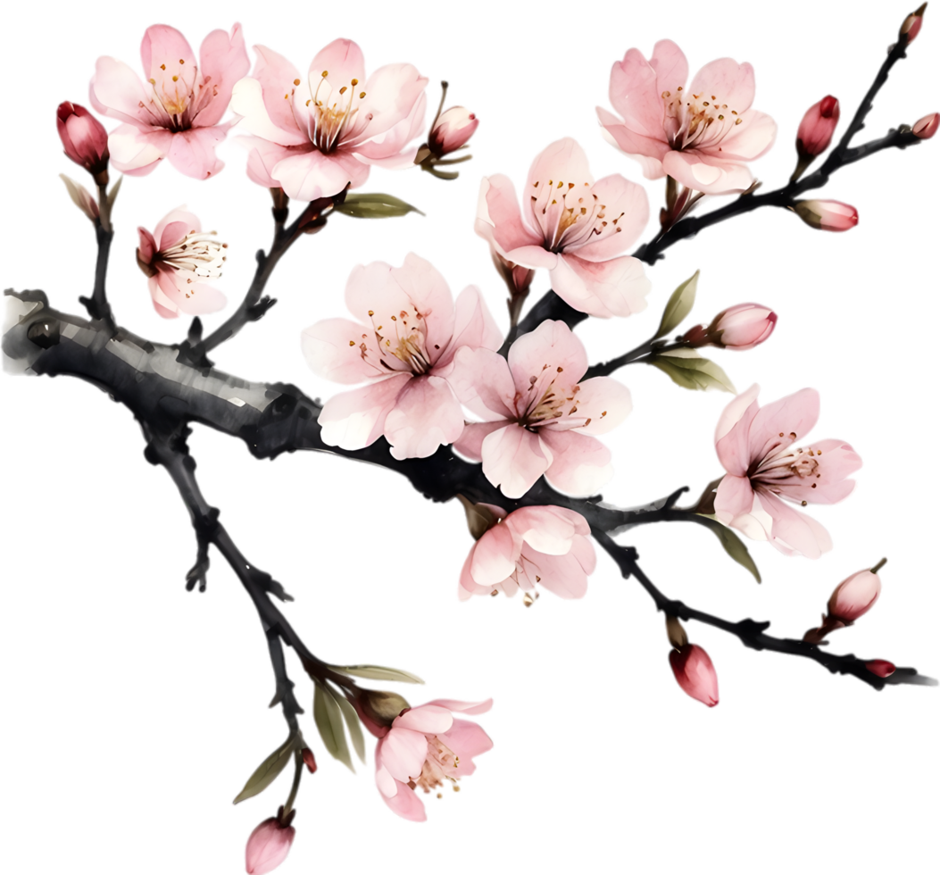 Cherry blossom branch with several soft, detailed flowers. AI-Generated. png