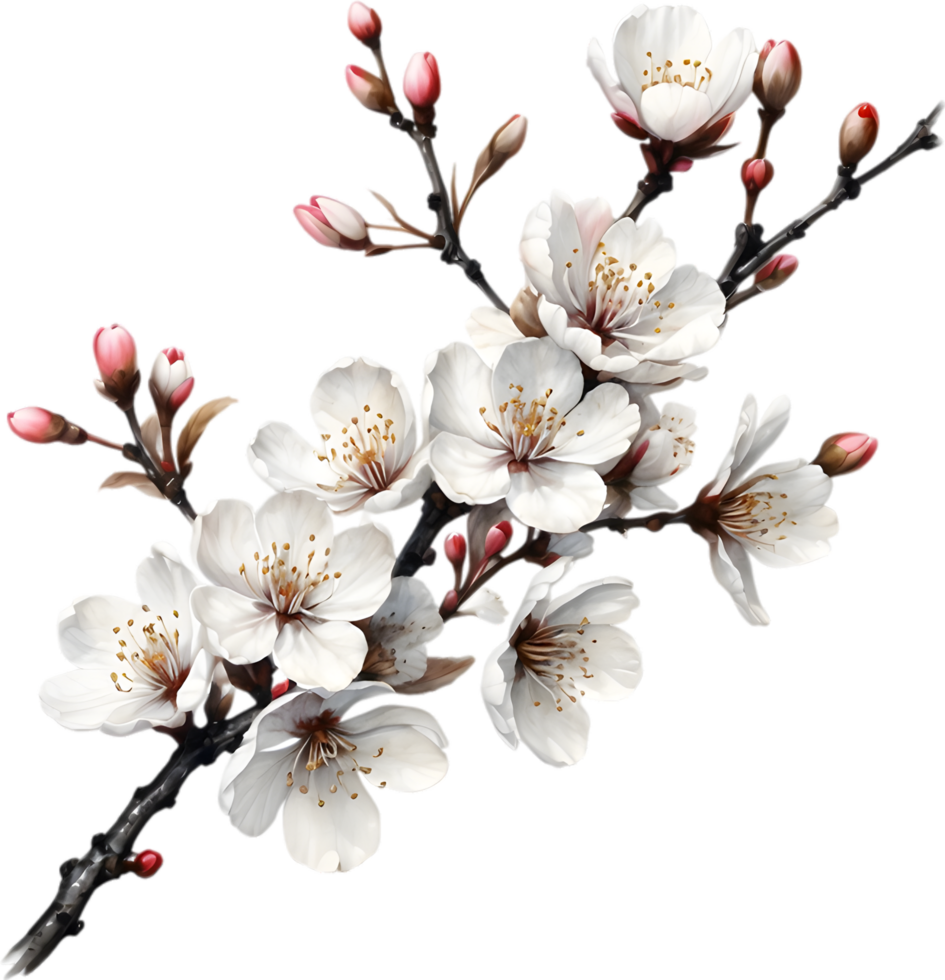 Cherry blossom branch with several soft, detailed flowers. AI-Generated. png