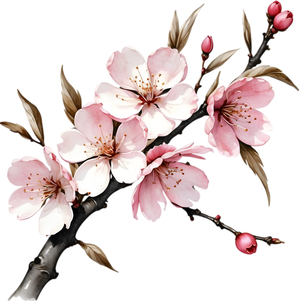 Cherry blossom branch with several soft, detailed flowers. AI-Generated. png
