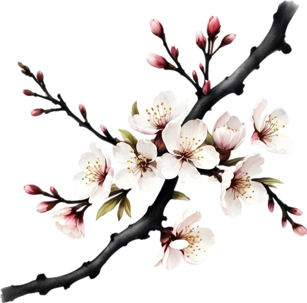 Cherry blossom branch with several soft, detailed flowers. AI-Generated. png