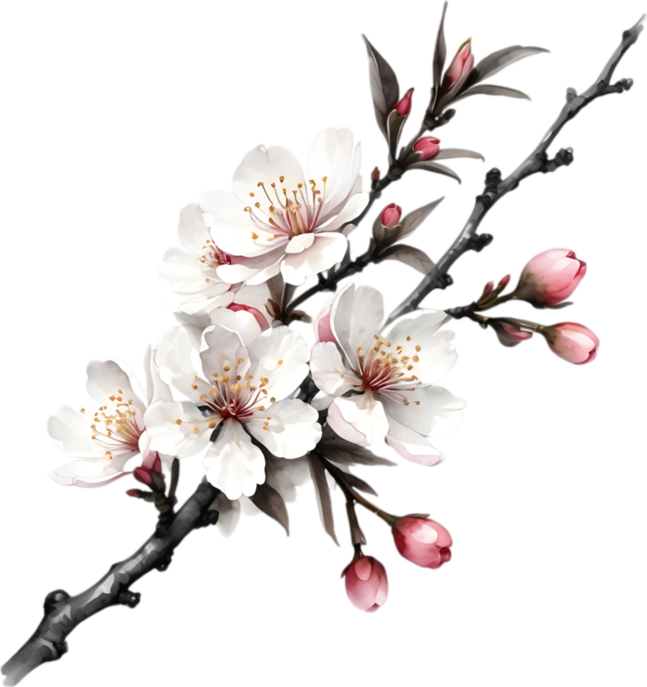 Cherry blossom branch with several soft, detailed flowers. AI-Generated. png