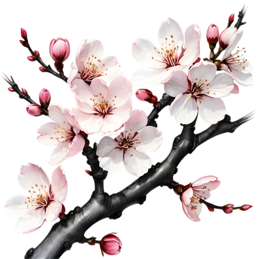 Cherry blossom branch with several soft, detailed flowers. AI-Generated. png