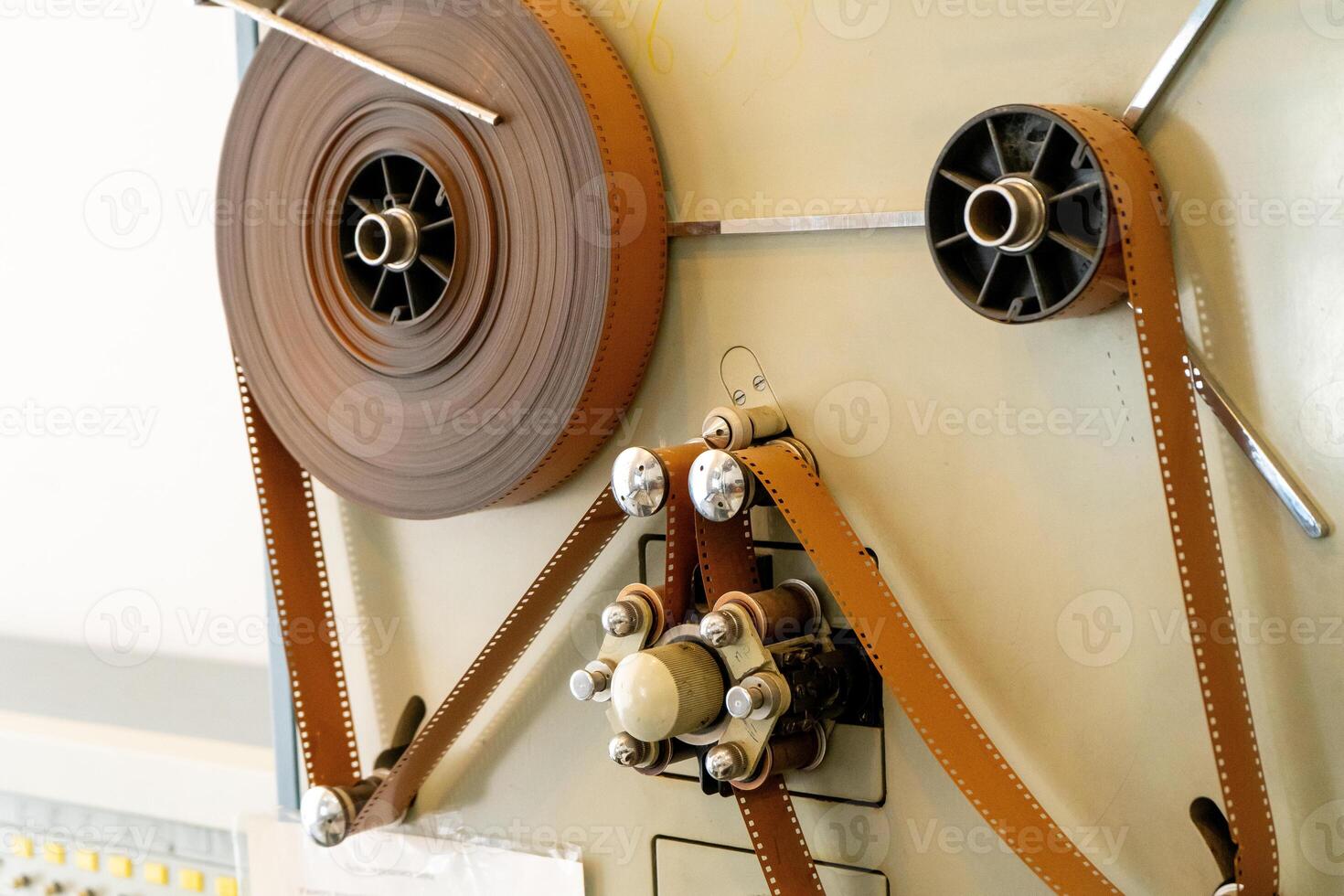 Sound recording on film. Bobbin reel on an old recorder. Retro tape recorder photo