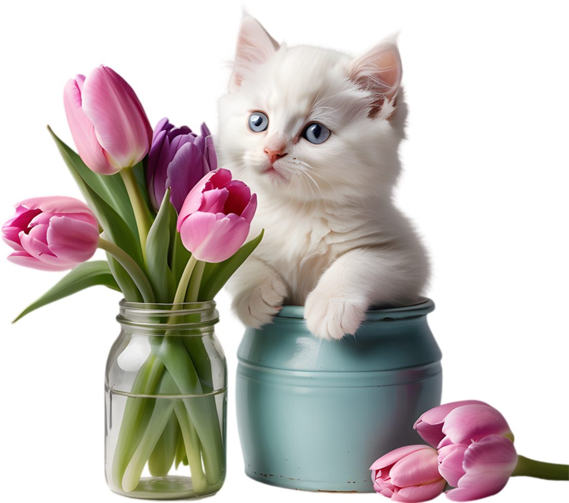 A fluffy white kitten peeking out from a vintage jar full of pink and purple tulips. Mothers Day clipart. AI-Generated. png