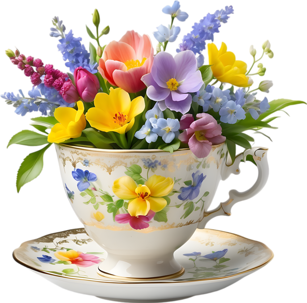 ein Vintage-Stil Teetasse überfüllt mit bunt Frühling Blumen. Mütter Tag Clip Art. KI-generiert. png