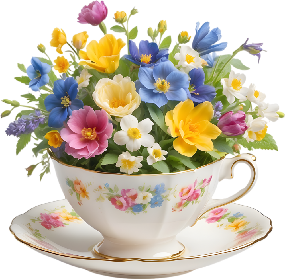 A vintage-style teacup overflowing with colorful spring flowers. Mothers Day clipart. AI-Generated. png