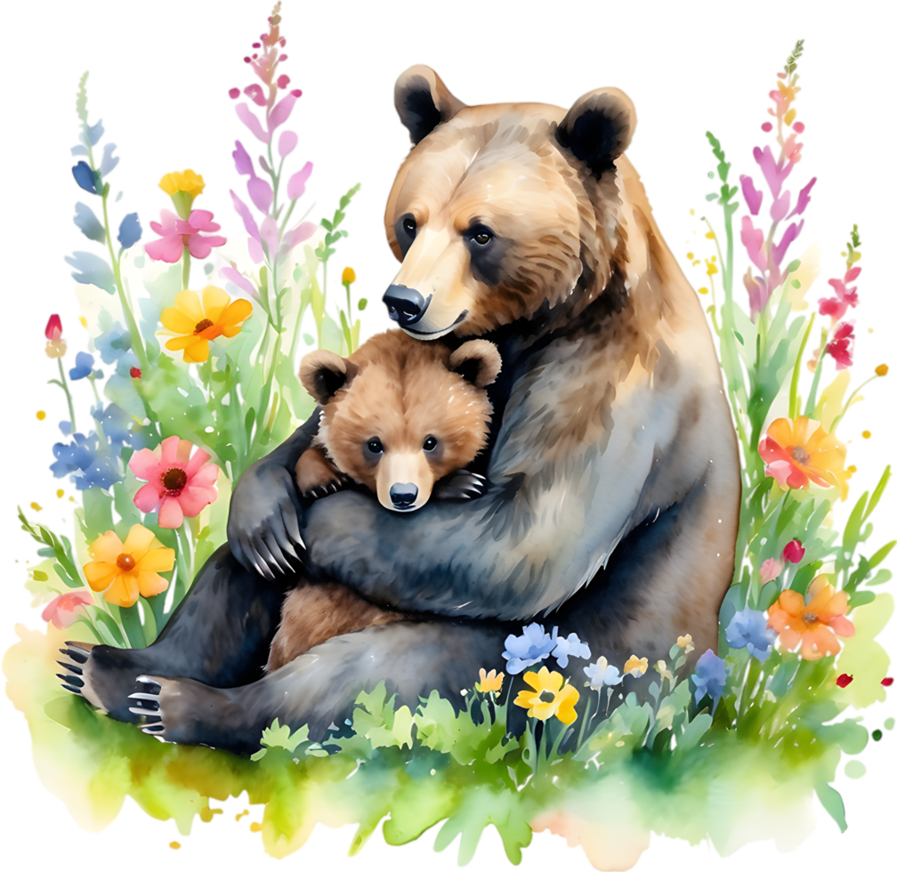 Watercolor painting of a momma bear cuddling her playful cub. Mothers Day clipart. AI-Generated. png