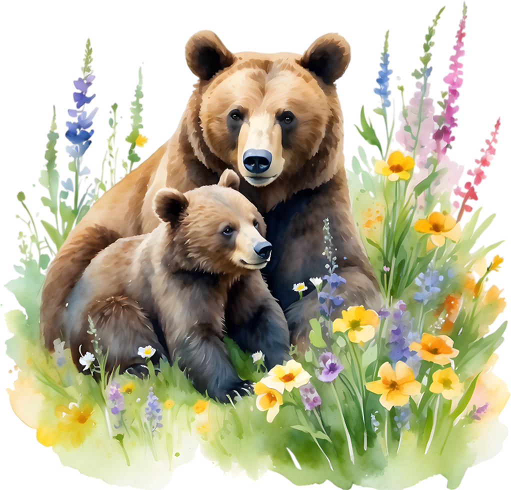 Watercolor painting of a momma bear cuddling her playful cub. Mothers Day clipart. AI-Generated. png