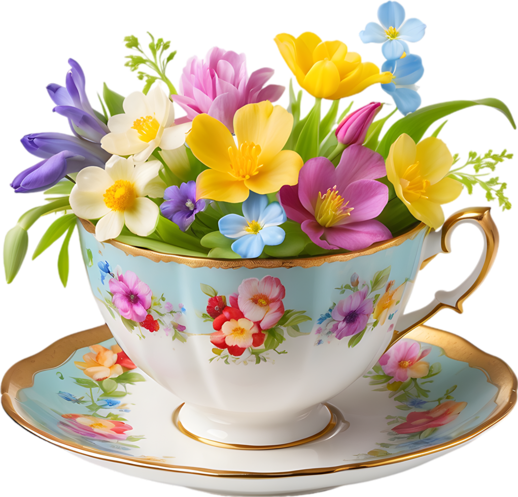 A vintage-style teacup overflowing with colorful spring flowers. Mothers Day clipart. AI-Generated. png