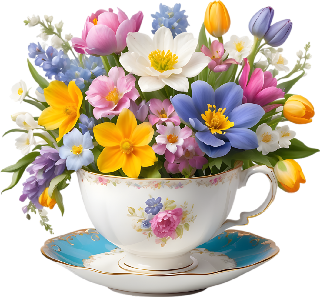 A vintage-style teacup overflowing with colorful spring flowers. Mothers Day clipart. AI-Generated. png