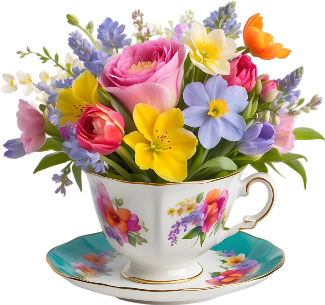 ein Vintage-Stil Teetasse überfüllt mit bunt Frühling Blumen. Mütter Tag Clip Art. KI-generiert. png