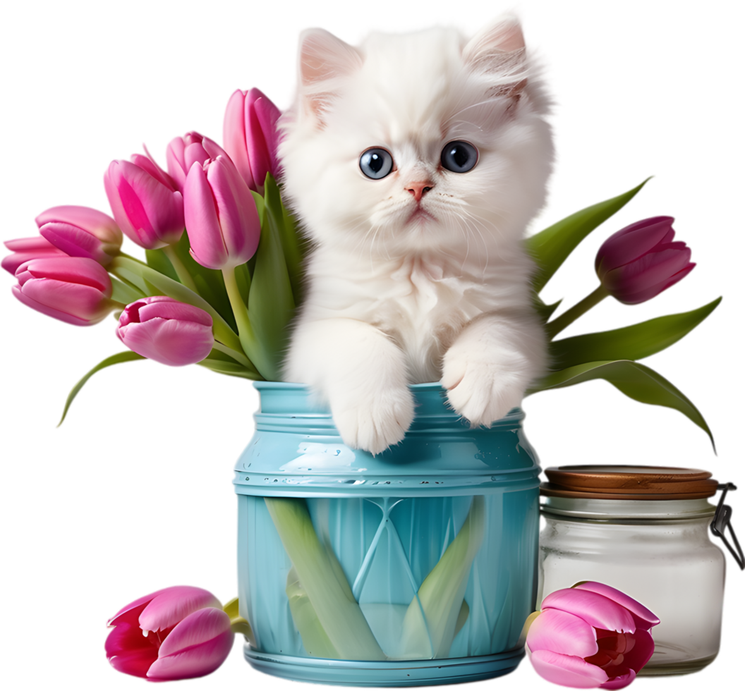 A fluffy white kitten peeking out from a vintage jar full of pink and purple tulips. Mothers Day clipart. AI-Generated. png