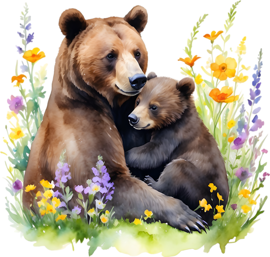 Watercolor painting of a momma bear cuddling her playful cub. Mothers Day clipart. AI-Generated. png