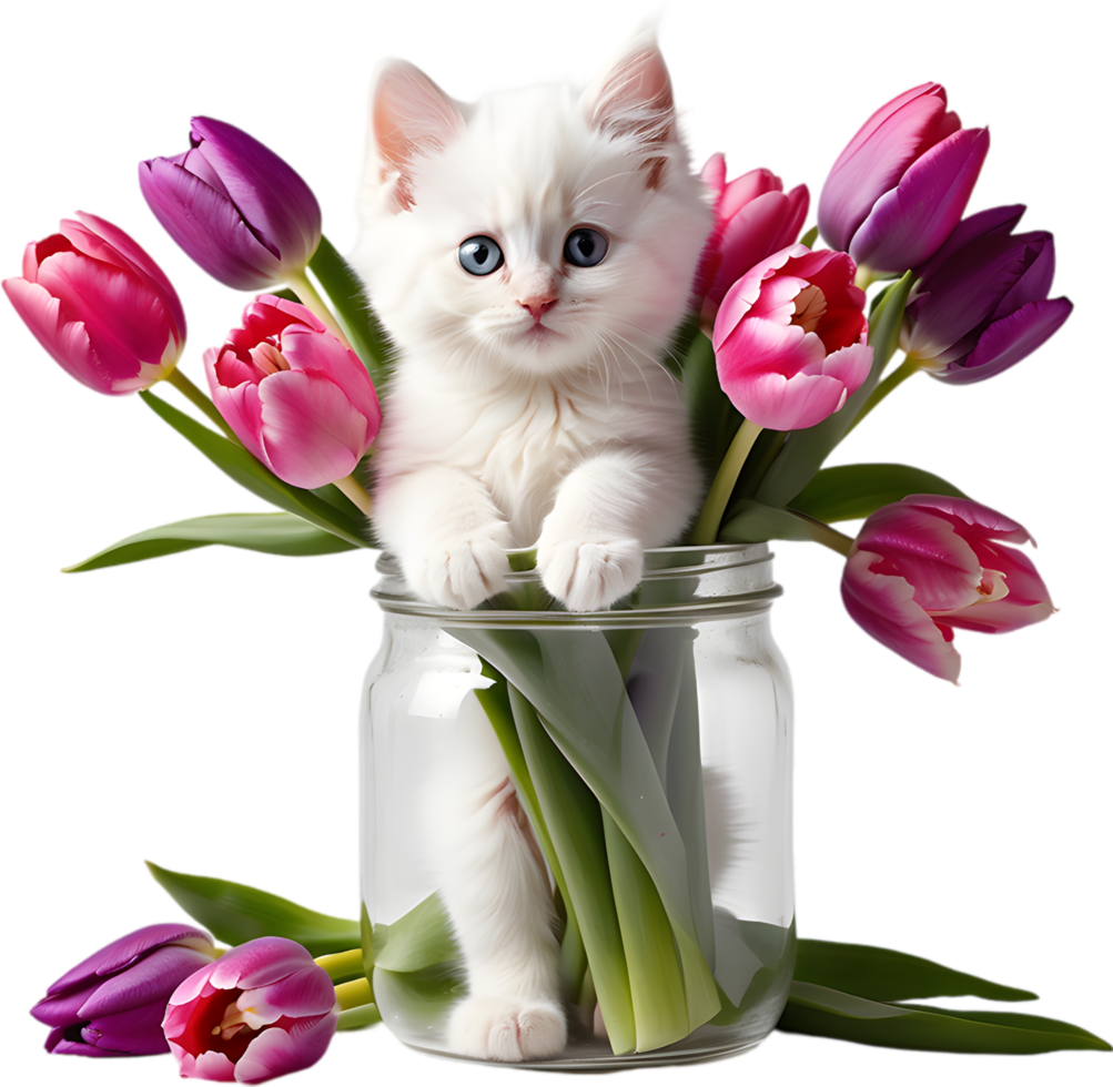un' soffice bianca gattino sbirciando su a partire dal un' Vintage ▾ vaso pieno di rosa e viola tulipani. madri giorno clipart. ai-generato. png