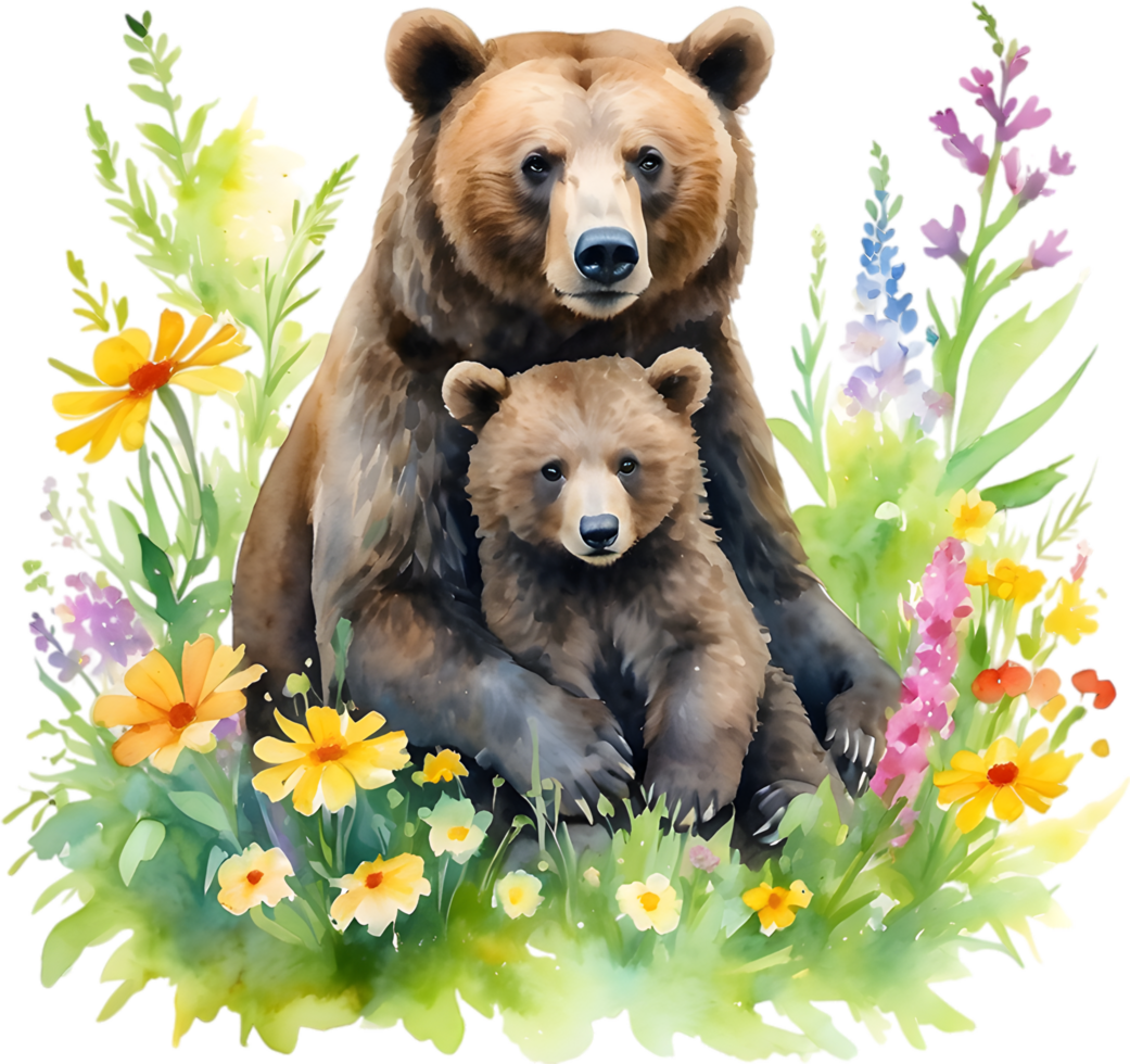 Watercolor painting of a momma bear cuddling her playful cub. Mothers Day clipart. AI-Generated. png