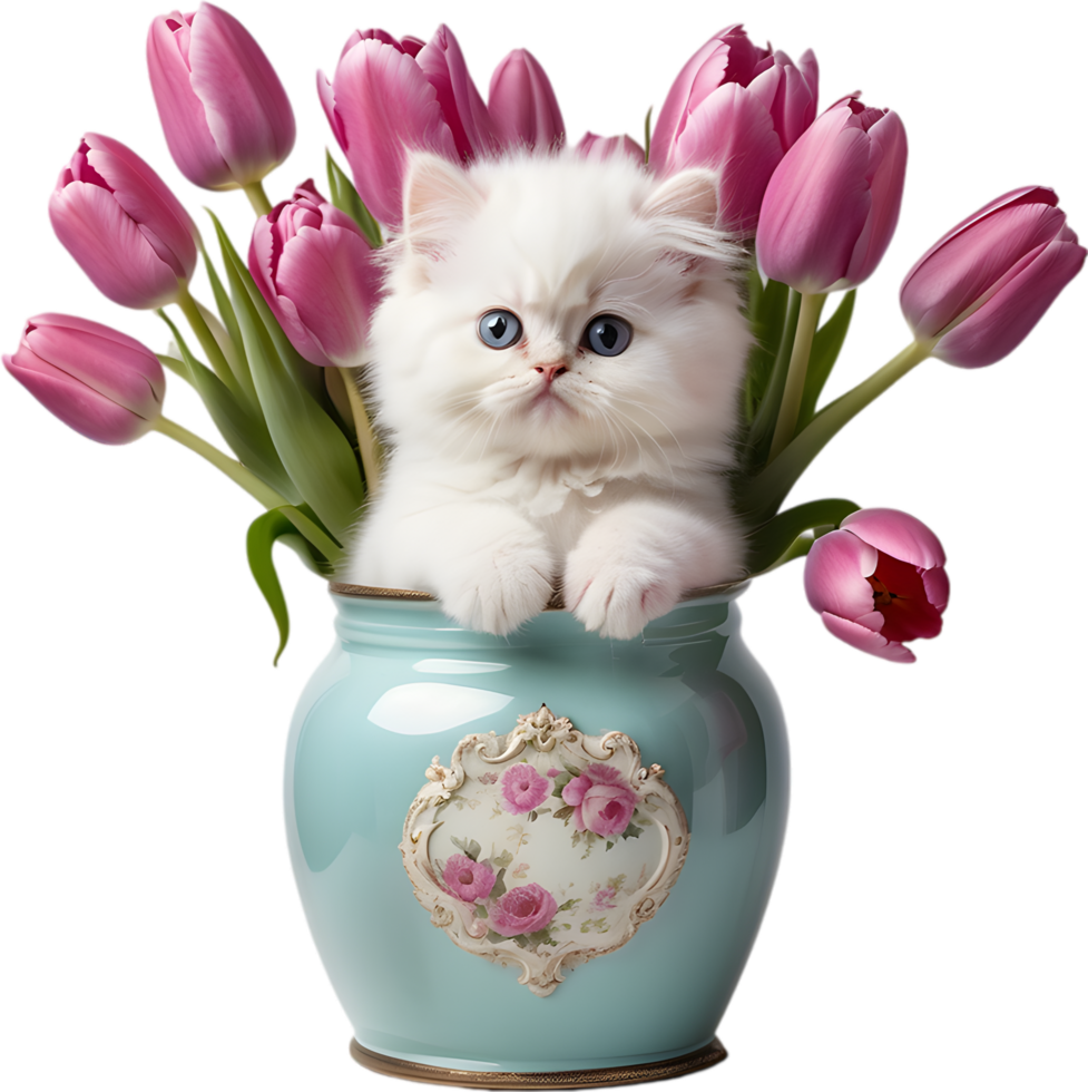 A fluffy white kitten peeking out from a vintage jar full of pink and purple tulips. Mothers Day clipart. AI-Generated. png