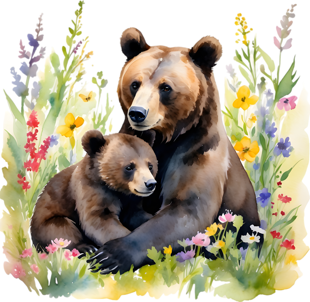 Watercolor painting of a momma bear cuddling her playful cub. Mothers Day clipart. AI-Generated. png