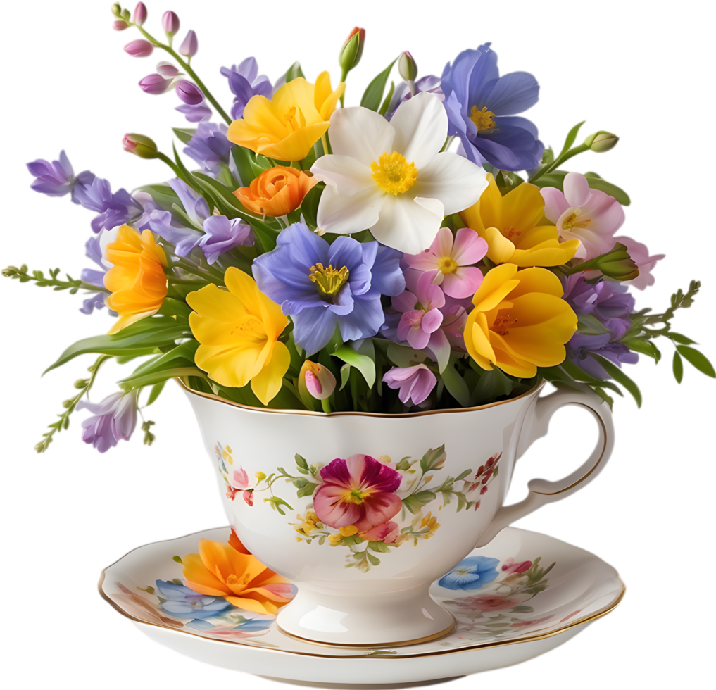 A vintage-style teacup overflowing with colorful spring flowers. Mothers Day clipart. AI-Generated. png