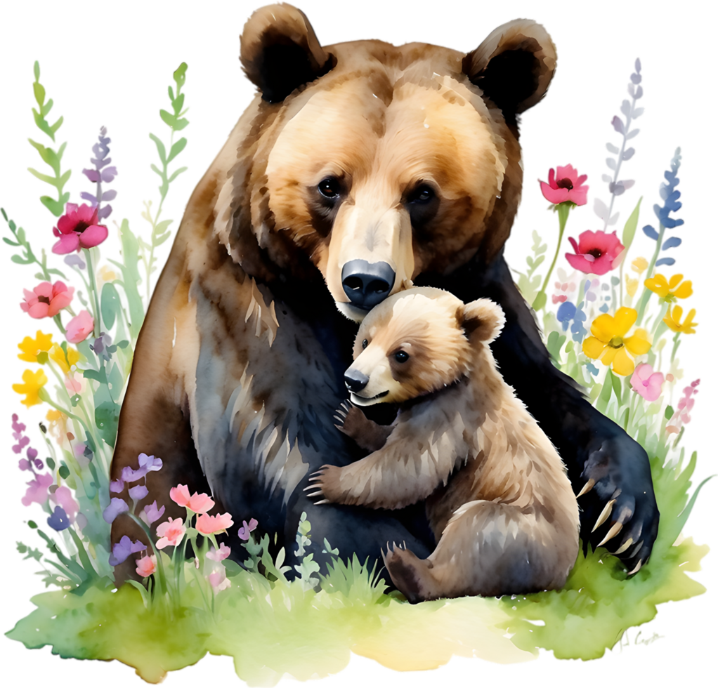 Watercolor painting of a momma bear cuddling her playful cub. Mothers Day clipart. AI-Generated. png