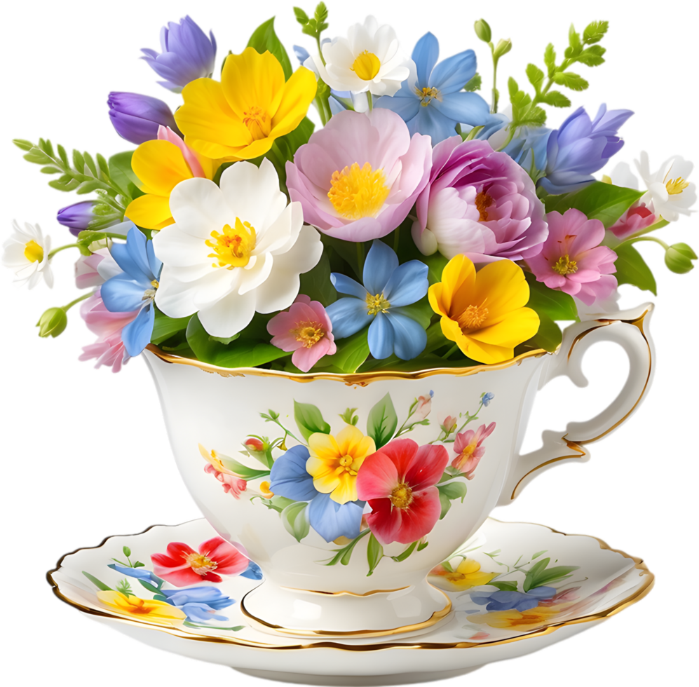 A vintage-style teacup overflowing with colorful spring flowers. Mothers Day clipart. AI-Generated. png