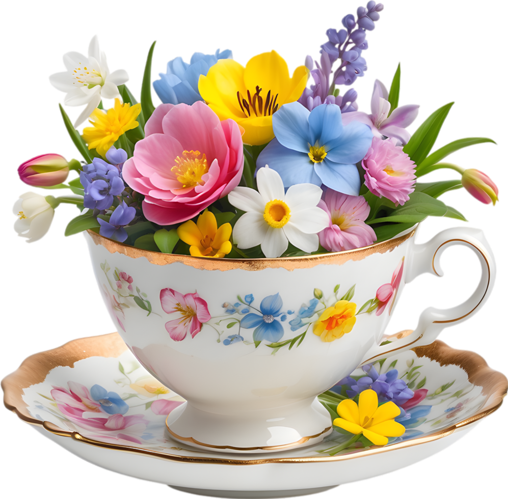 A vintage-style teacup overflowing with colorful spring flowers. Mothers Day clipart. AI-Generated. png