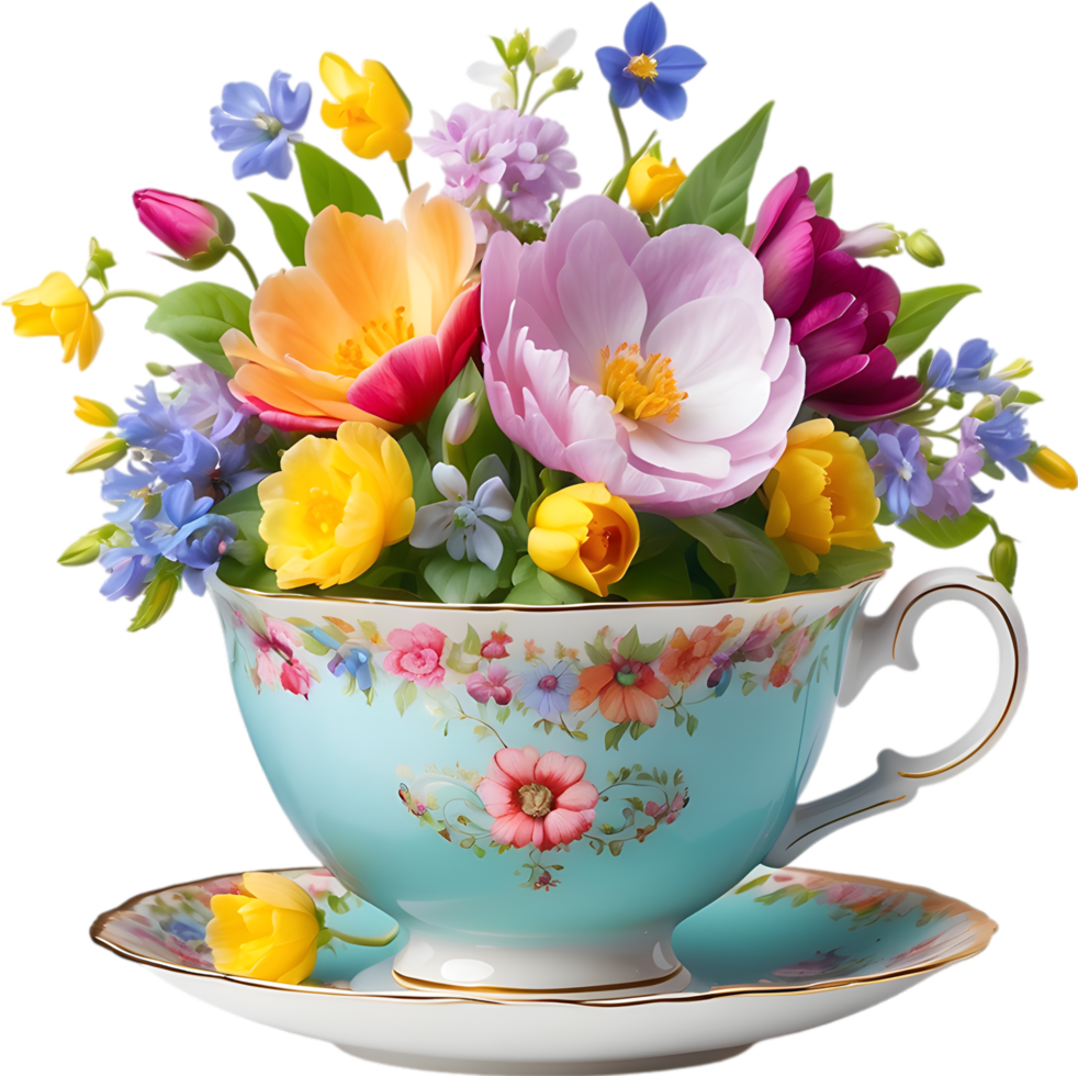 A vintage-style teacup overflowing with colorful spring flowers. Mothers Day clipart. AI-Generated. png