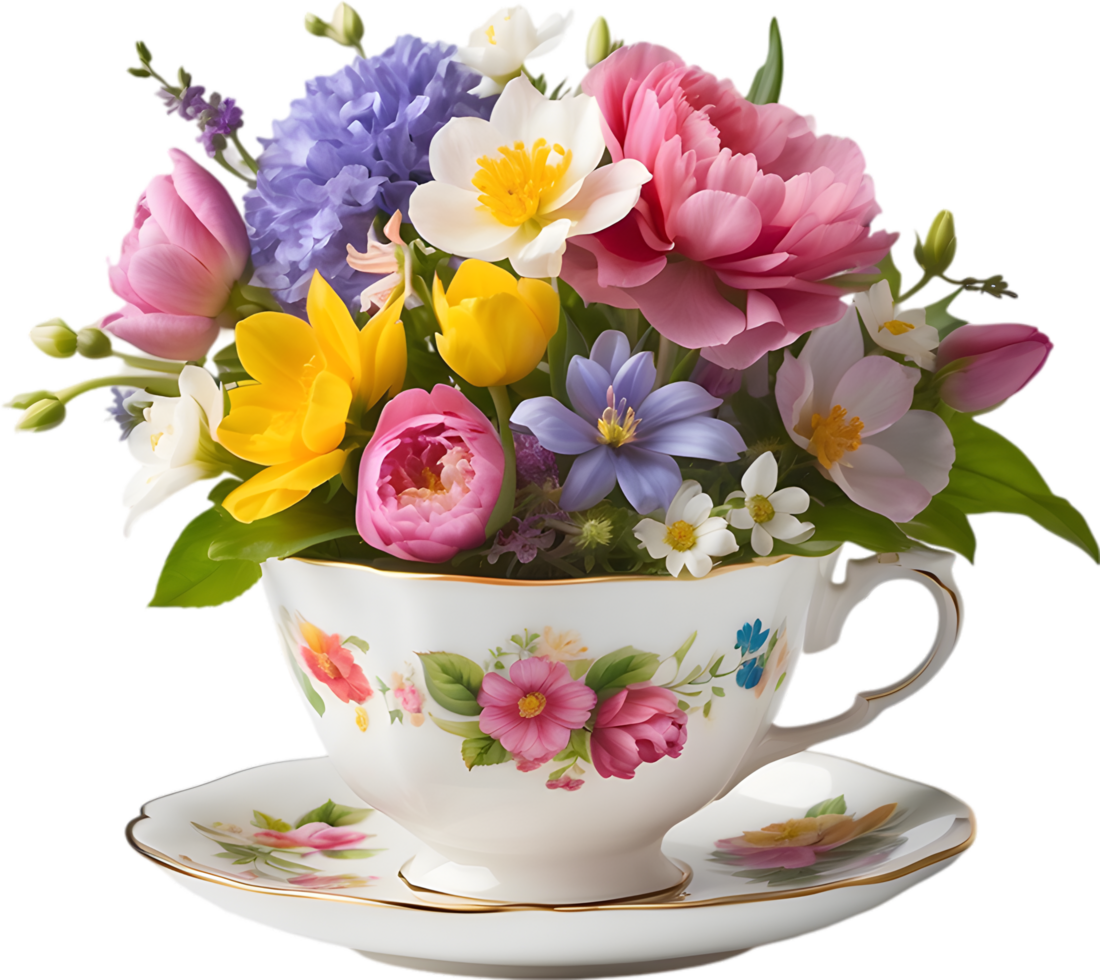 A vintage-style teacup overflowing with colorful spring flowers. Mothers Day clipart. AI-Generated. png